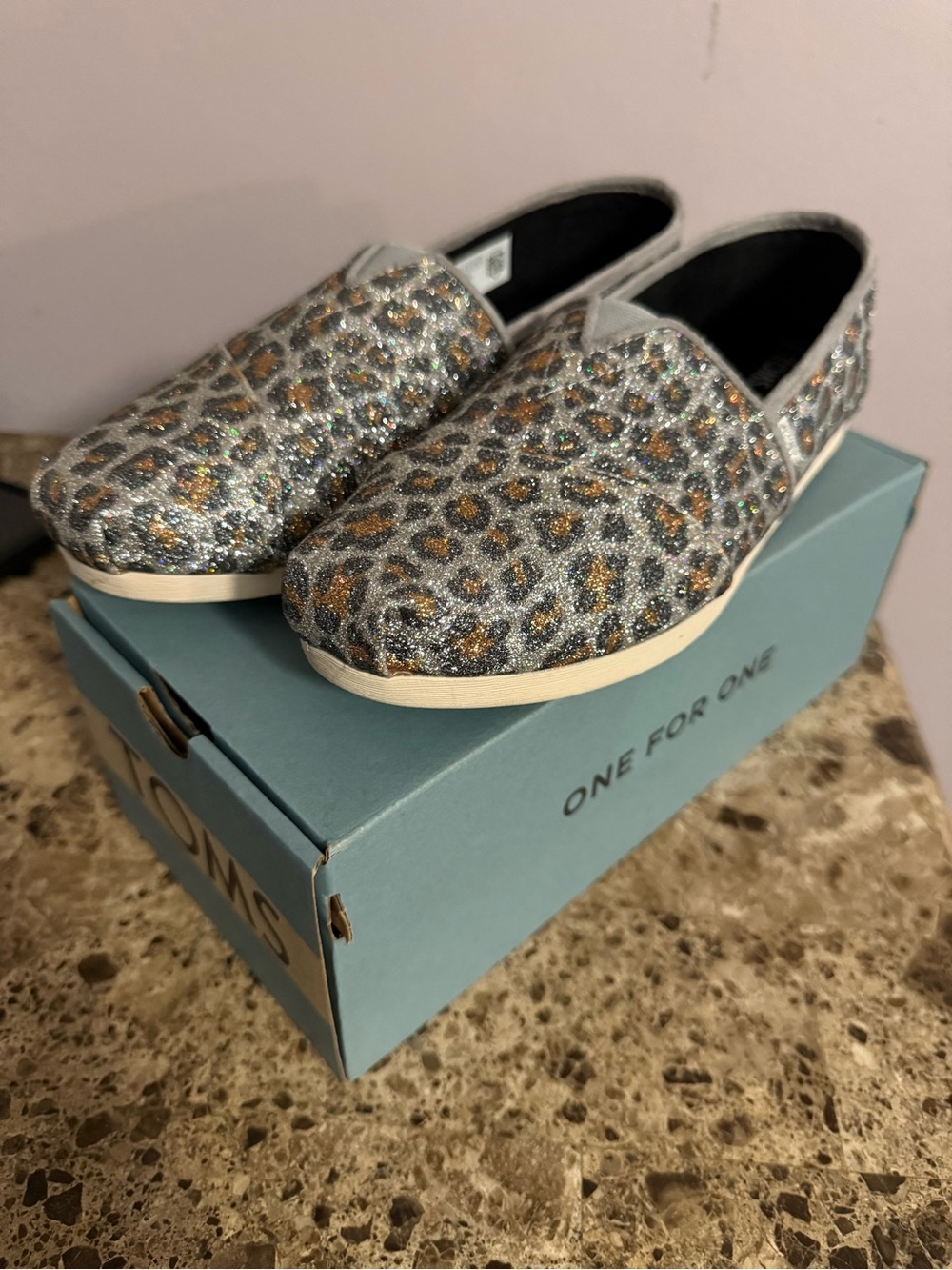 Toms Silver Glitter Leopard Slip-Ons
